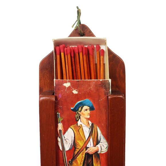 Vintage Wooden Long Matchstick Holder Wall Mount Fireplace Colonial Soldier 11" - Picture 4 of 8